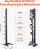 A vacuum cleaner stand with various attachments displayed next to it, with labels indicating what each attachment is. Voir les images du produit