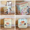 A collage of four images showing different sides and angles of vintage-style tin boxes, likely for tea or cookies, displayed on a wooden shelf against a brick wall. Voir les images du produit