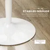 Close-up of the white base of a table on a wooden floor, with text overlays highlighting product features. Náhľad obrázku produktu