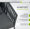 Close-up of a dark gray outdoor chair with text overlays describing its features. Produktbild-Vorschau