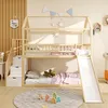A wooden bunk bed with a slide and stairs in a child's room, decorated with flags and stars. Náhľad obrázku produktu