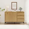 A wooden sideboard with two doors and three drawers is displayed in a well-lit room with a white wall and floor. Voir les images du produit