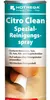 A can of cleaning spray with product information and a close-up image of a finger peeling off a sticker. Produktbild-Vorschau