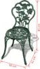 A green metal chair with a rose design, showing dimensions. Voir les images du produit