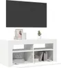 A white TV stand with a dark gray television mounted above it. Produktbild-Vorschau