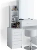 A white vanity table with a mirror and stool, displaying makeup and brushes on its shelves and surface. Náhled obrázku produktu