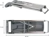 Two views of a stainless steel vegetable slicer with gray plastic components, shown against a white background. Dimensions are indicated. Produktbild-Vorschau