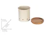 A cream-colored storage container with a wooden lid and a diagram showing its dimensions. Produktbild-Vorschau