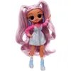 A doll with long pink hair, wearing a pink long-sleeved shirt and a silver and blue dress, with blue earrings and blue platform boots. Podgląd zdjęcia produktu