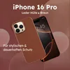 A brown iPhone 16 Pro case is shown with the phone inside, against a textured brown background. Produktbild-Vorschau