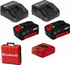 A collection of Einhell power tool batteries, chargers, and a carrying case, arranged on a white background. Produktbild-Vorschau