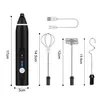 A black electric milk frother with multiple attachments and a USB charging cable, with dimensions indicated by measurement lines. Produktbild-Vorschau