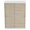 A front view of a white and wood grain sliding door wardrobe. Voir les images du produit
