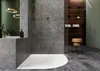 A modern bathroom with a shower tray, shelves with towels and bottles, and a stool. Anteprima dell’immagine prodotto