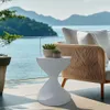 A modern outdoor patio with a view of the ocean and mountains, featuring a stylish side table with potted plants and a comfortable sofa. Anteprima dell’immagine prodotto
