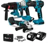 A set of cordless power tools including a hammer drill, impact wrench, and angle grinder, along with two batteries, a charger, and a carrying case. Náhľad obrázku produktu