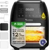 A black TurboTronic air fryer with food inside, surrounded by marketing text and icons. Produktbild-Vorschau