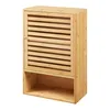 A wooden bathroom cabinet with a slatted door and an open shelf below, shown against a white background. Podgląd zdjęcia produktu