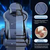A cutaway view of a gaming chair showing its internal structure and materials, with descriptive text and close-up images of the materials. Produktbild-Vorschau