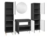 A bathroom furniture set with two tall cabinets, a central console, and a round mirror, all against a white background. Produktbild-Vorschau