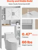 A white bathroom storage cabinet is shown above a toilet, with close-up images of its construction and specifications. Náhled obrázku produktu