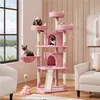 Three cats are playing on a pink cat tree in a room with a window. Produktbild-Vorschau