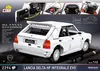 A white COBI building block model of a 1991 Lancia Delta HF Integrale Evo is displayed on a dark surface, with inset images showing details of the model. Produktbild-Vorschau