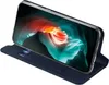 A dark blue flip case for a smartphone is shown open, displaying the phone's screen with a colorful abstract wallpaper. A credit card is visible in a slot on the inside of the case. Produktbild-Vorschau
