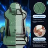 A split image showing the construction and materials of a gaming chair, with callouts for features. Produktbild-Vorschau