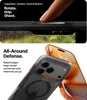 A split image showing a close-up of a finger interacting with a capacitive button on a phone case, and a separate shot of two phone cases, one transparent black and one orange, with a phone inside. Produktbild-Vorschau
