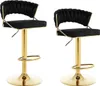 Two black bar stools with gold bases and frames are shown against a white background.