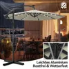 A cantilever umbrella with solar-powered LEDs is shown on a balcony during a rain shower, with a table and chairs in the background. Voir les images du produit