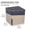 A diagram showing the dimensions of a beige cube-shaped dehumidifier. Náhled obrázku produktu