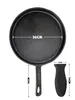 A top-down view of a cast iron tortilla pan with dimensions indicated, and a black silicone handle grip shown separately. Produktbild-Vorschau