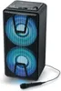 A black portable stereo system with blue illuminated speakers and a microphone. Voir les images du produit
