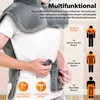 A person wearing a gray heating pad around their shoulders and waist, demonstrating its multi-functional use. Produktbild-Vorschau