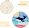 A collage showing an embroidery hoop before and after the punch needle embroidery process, depicting a whale and clouds. Produktbild-Vorschau