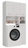 A white washing machine with storage cabinets above and to the side, filled with various household items. Voir les images du produit