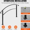 A black metal handrail for outdoor stairs is shown, along with diagrams illustrating its installation process and feature icons. Podgląd zdjęcia produktu