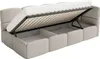 A bed with its storage compartment open, showing the slatted base and storage drawers. Produktbild-Vorschau