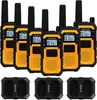 A set of six yellow and black walkie-talkies and two charging docks are arranged on a white background. Produktbild-Vorschau