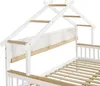 A close-up view of the top part of a white wooden bed frame with a roof design and wooden slats for the mattress. Náhled obrázku produktu