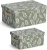 Two storage boxes with lids, one larger than the other, both featuring a green background with a white leaf pattern and tan handles. Anteprima dell’immagine prodotto