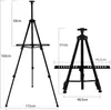 Two views of a black aluminum easel with dimensions indicated by measurement lines and text. Voir les images du produit