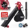 A red and black electric leaf blower with a collection bag and a shoulder strap, presented on a white background with marketing text and certification logos. Produktbild-Vorschau
