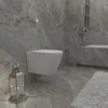 A modern bathroom with a wall-mounted toilet, marble-effect tiles, and a decorative lantern. Produktbild-Vorschau