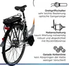A close-up view of the rear wheel and drivetrain of an electric bicycle, with accompanying text and diagrams highlighting key features. Produktbild-Vorschau