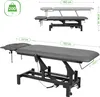 Two views of an adjustable massage table, one showing dimensions and height adjustment range, the other a close-up of the table. Produktbild-Vorschau