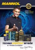 A man is shown in the center of the image, gesturing towards a collection of Mannol products displayed in the foreground. The background features a blue, circular, technological design. Produktbild-Vorschau