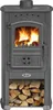 A dark gray wood-burning stove with a fire burning inside and a stack of firewood below. Náhľad obrázku produktu